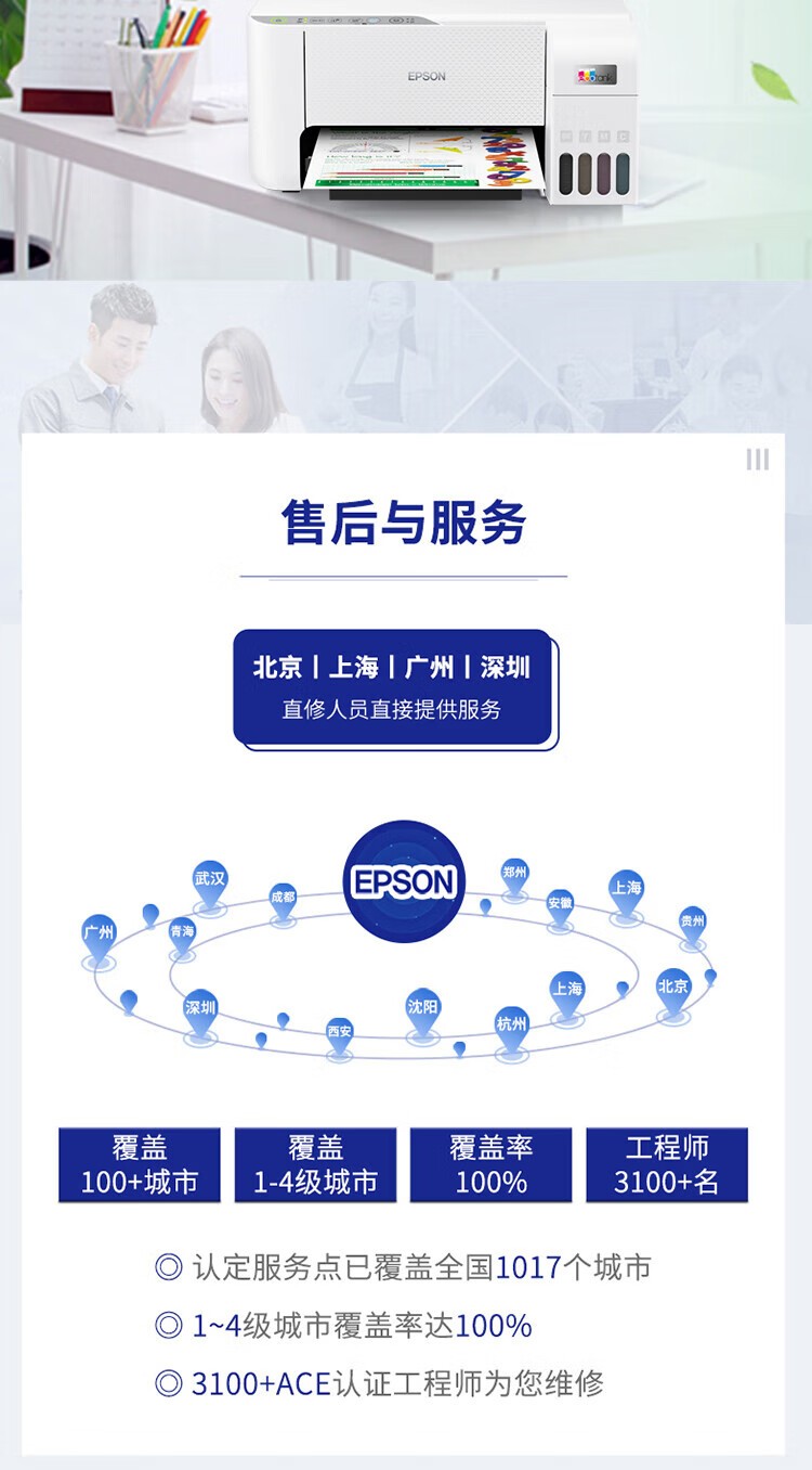 爱普生（EPSON）打印机L3256喷墨仓式彩色复印扫描无线多功能一体机家用小型作业文档合同非激光 【1年质保+2年延保】L3256 (白色大墨仓） 官方标配