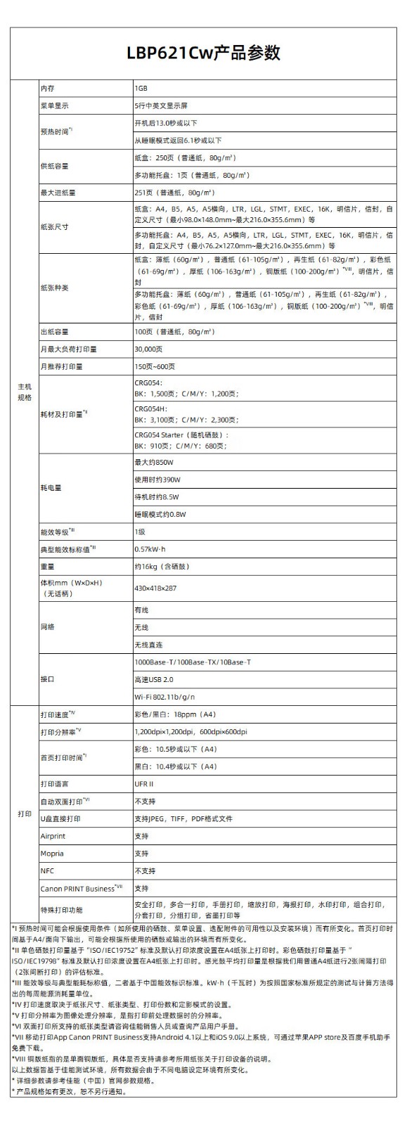 佳能（Canon） LBP621Cw A4幅面无线彩色激光单功能打印机（打印/大容量进纸家用 ）