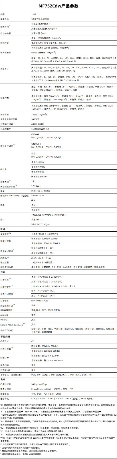 佳能（Canon）iC MF752Cdw A4幅面无线彩色激光多功能一体机（打印/复印/扫描/自动双面/自动输稿器家用 ）