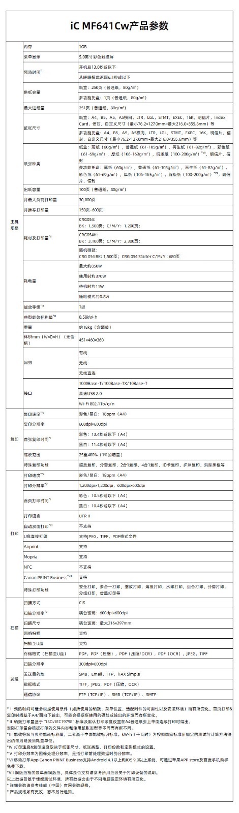 佳能（Canon）iC MF641CW A4幅面无线彩色激光多功能一体机（打印/复印/扫描/大容量进纸 商用家用）